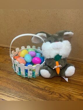 Plush Easter Bunny Wooden Hand Painted Easter Basket Butterflies Floral Flower D
